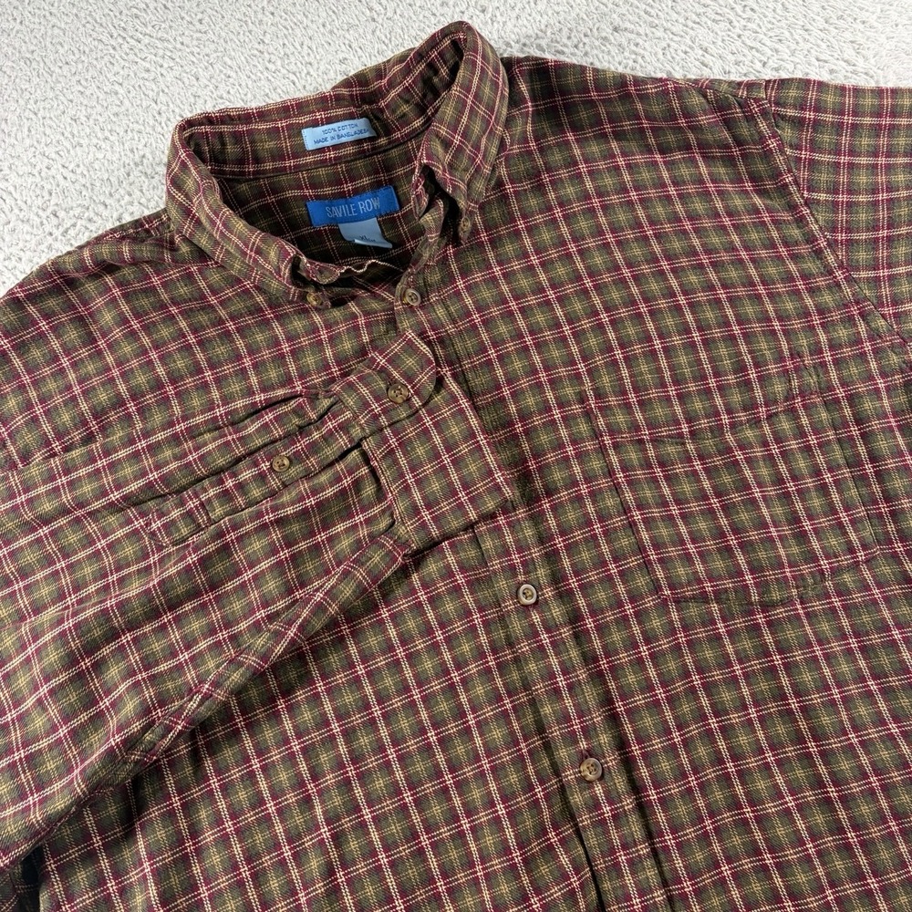 Saville‎ Row Button Up Shirt Mens XL Red Brown Green Plaid Long Sleeve Cotton